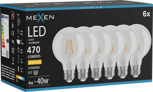 Mexen Vintis 6x LED-Filamentlampe E27, G80, 4W, Warm - 2700K, 470 lm, klar - L155-E27-0427-00x06