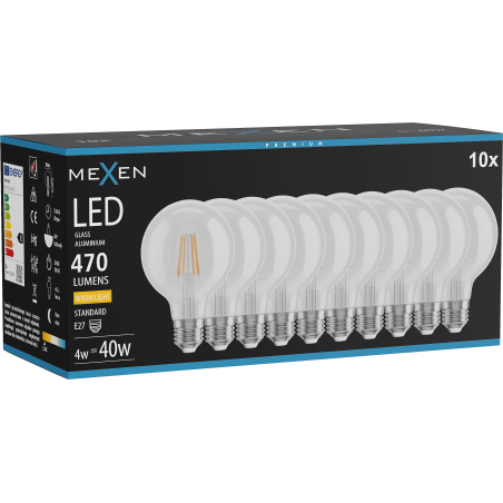 Mexen Vintis 10x LED-Filamentlampe E27, G80, 4W, Warm - 2700K, 470 lm, klar - L155-E27-0427-00x10