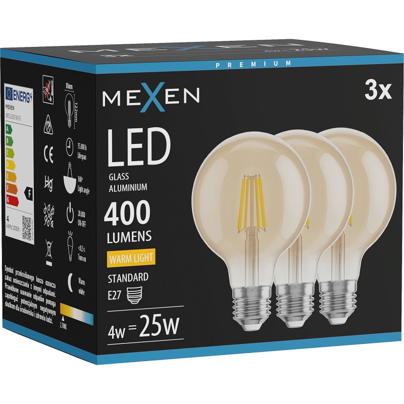 Mexen Vintis 3x LED-Filament-Glühbirne E27, G80, 4W, Warm - 2700K, 400 lm, bernstein - L155-E27-0427-50x03