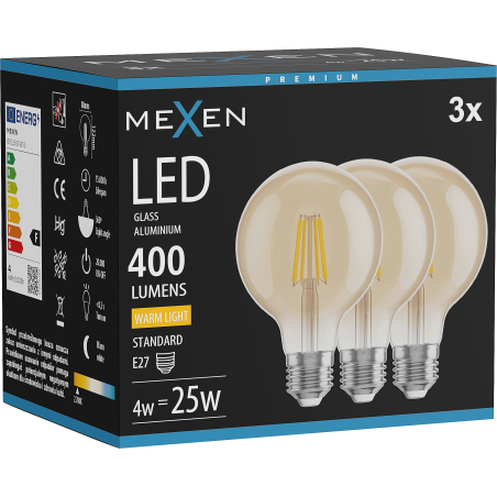 Mexen Vintis 3x LED-Filament-Glühbirne E27, G80, 4W, Warm - 2700K, 400 lm, bernstein - L155-E27-0427-50x03