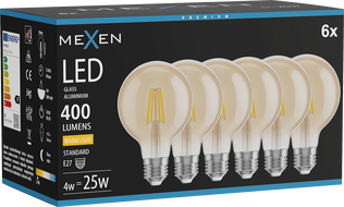 Mexen Vintis 6x LED-Filamentlampe E27, G80, 4W, Warm - 2700K, 400 lm, Amber - L155-E27-0427-50x06
