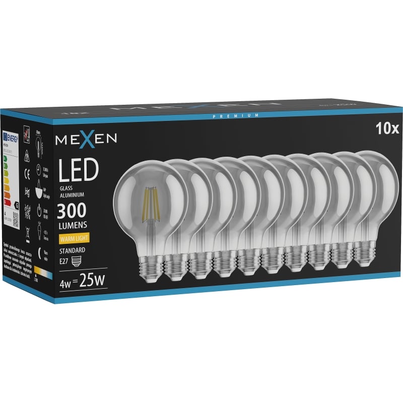 Mexen Vintis 10x LED-Filament Glühbirne E27, G80, 4W, Warm - 2700K, 300 lm, Rauch - L155-E27-0427-70x10