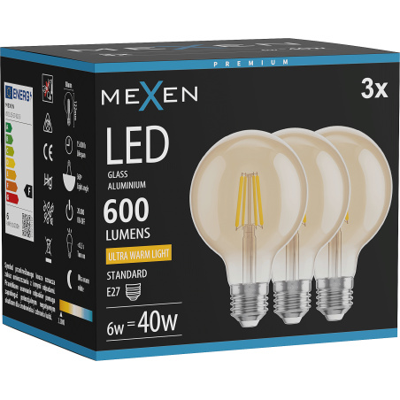 Mexen Vintis 3x LED-Filamentlampe E27, G80, 6W, Warmweiß - 2200K, 600 lm, Bernstein - L155-E27-0622-50x03