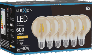 Mexen Vintis 6x LED-Filamentlampe E27, G80, 6W, Warm - 2200K, 600 lm, amber - L155-E27-0622-50x06