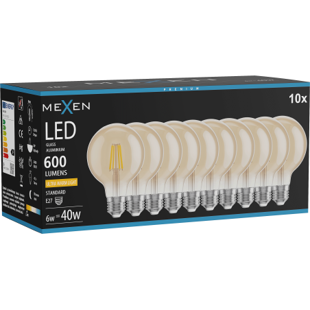 Mexen Vintis 10x LED-Filament-Glühbirne E27, G80, 6W, Warm - 2200K, 600 lm, amber - L155-E27-0622-50x10