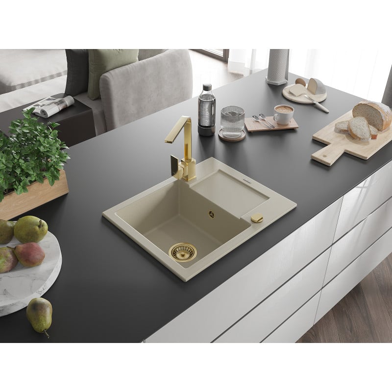 Mexen Enzo Granitspüle 1-Schüssel mit Abtropffläche und Küchenarmatur Rita, Beige - 6506-69-670300-50