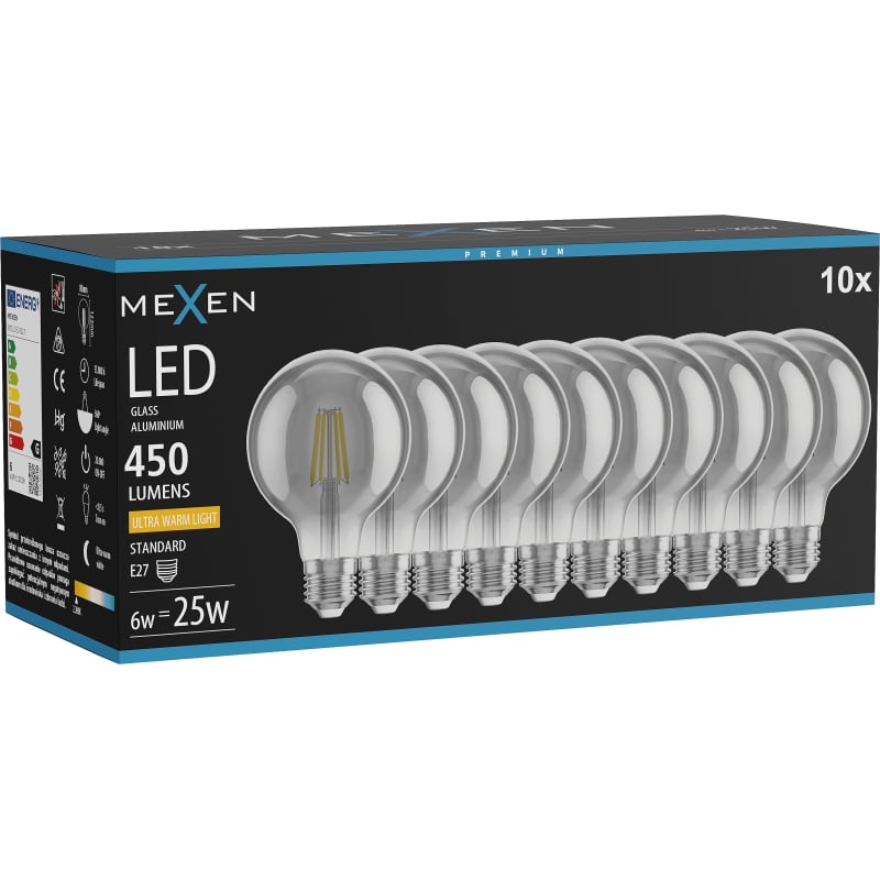 Mexen Vintis 10x LED-Filament-Glühbirne E27, G80, 6W, Warm - 2200K, 450 lm, Rauch - L155-E27-0622-70x10