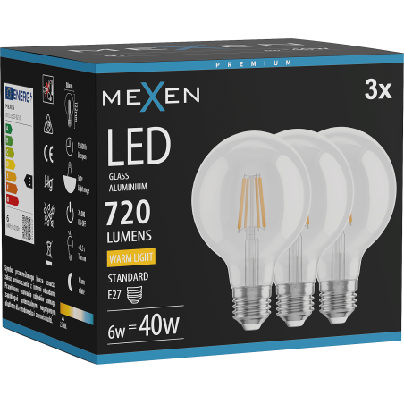 Mexen Vintis 3x LED-Filamentlampe E27, G80, 6W, Warm - 2700K, 720 lm, klar - L155-E27-0627-00x03