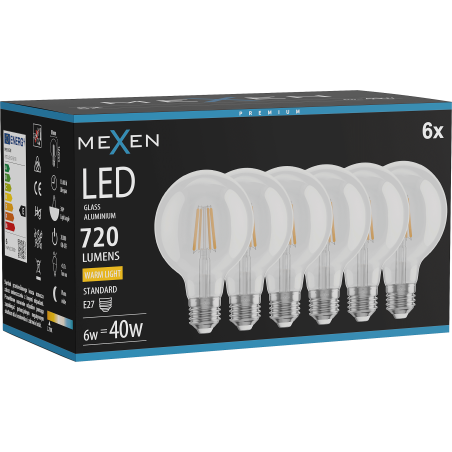 Mexen Vintis 6x LED-Filament-Glühbirne E27, G80, 6W, Warm - 2700K, 720 lm, klar - L155-E27-0627-00x06