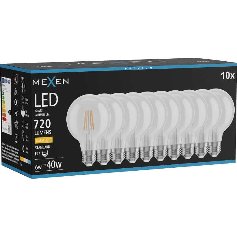 Mexen Vintis 10x LED-Filamentbirne E27, G80, 6W, Warm - 2700K, 720 lm, klar - L155-E27-0627-00x10