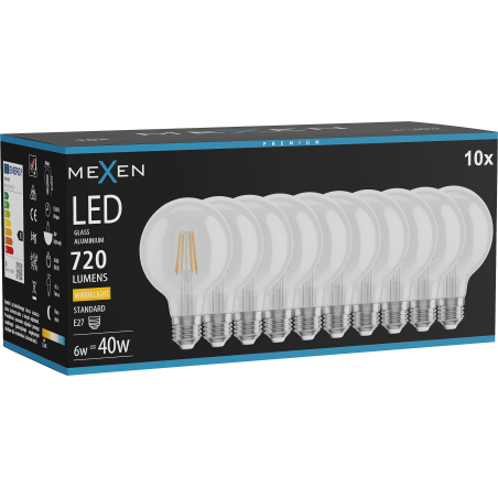 Mexen Vintis 10x LED-Filamentbirne E27, G80, 6W, Warm - 2700K, 720 lm, klar - L155-E27-0627-00x10