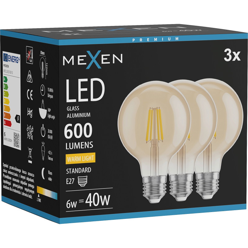 Mexen Vintis 3x LED-Filament-Glühbirne E27, G80, 6W, Warm - 2700K, 400 lm, Bernstein - L155-E27-0627-50x03