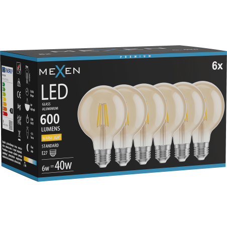 Mexen Vintis 6x LED-Filament-Glühbirne E27, G80, 6W, Warm - 2700K, 400 lm, amber - L155-E27-0627-50x06
