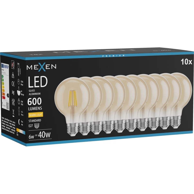Mexen Vintis 10x LED-Filament-Glühbirne E27, G80, 6W, Warm - 2700K, 400 lm, Bernstein - L155-E27-0627-50x10