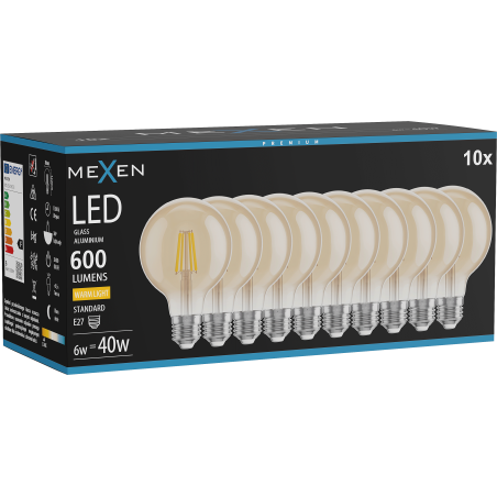 Mexen Vintis 10x LED-Filament-Glühbirne E27, G80, 6W, Warm - 2700K, 400 lm, Bernstein - L155-E27-0627-50x10