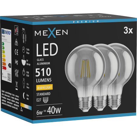Mexen Vintis 3x LED-Filament-Glühbirne E27, G80, 6W, Warm - 2700K, 510 lm, Rauch - L155-E27-0627-70x03