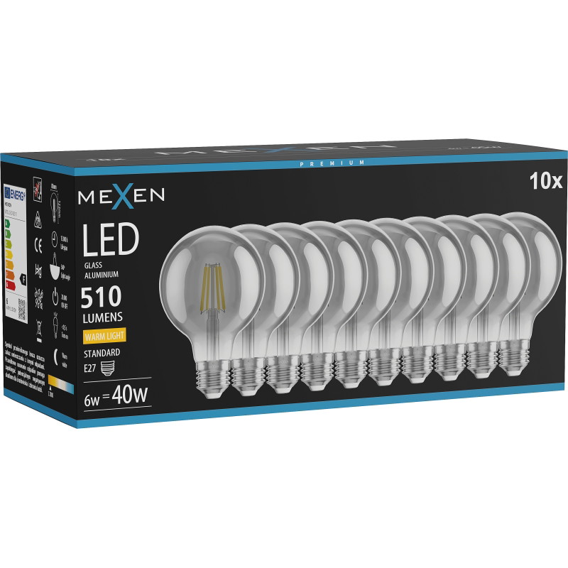 Mexen Vintis 10x LED-Filamentlampe E27, G80, 6W, Warm - 2700K, 510 lm, smoke - L155-E27-0627-70x10