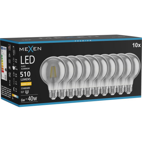 Mexen Vintis 10x LED-Filamentlampe E27, G80, 6W, Warm - 2700K, 510 lm, smoke - L155-E27-0627-70x10