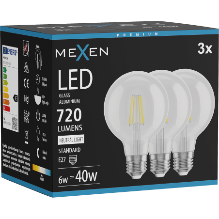 Mexen Vintis 3x LED-Filament-Glühbirne E27, G80, 6W, Neutral - 4000K, 720 lm, klar - L155-E27-0640-00x03