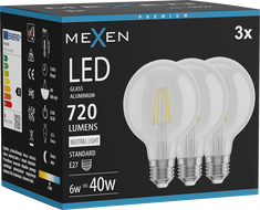 Mexen Vintis 3x LED-Filament-Glühbirne E27, G80, 6W, Neutral - 4000K, 720 lm, klar - L155-E27-0640-00x03