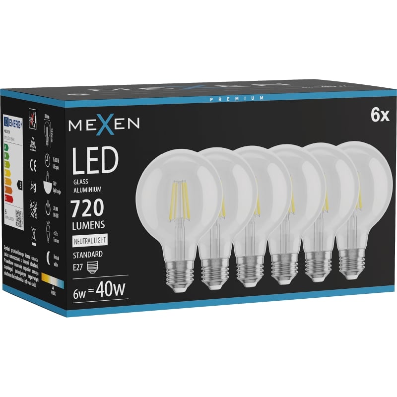 Mexen Vintis 6x LED-Filament-Glühlampe E27, G80, 6W, Neutral - 4000K, 720 lm, klar - L155-E27-0640-00x06