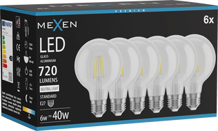 Mexen Vintis 6x LED-Filament-Glühlampe E27, G80, 6W, Neutral - 4000K, 720 lm, klar - L155-E27-0640-00x06