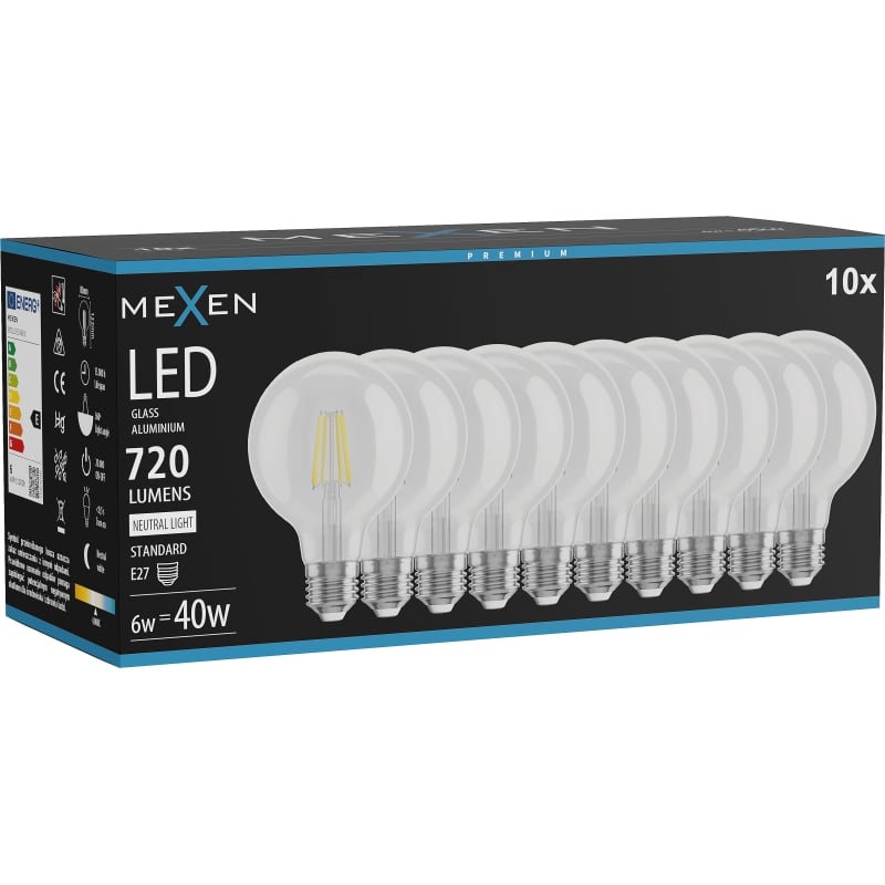 Mexen Vintis 10x LED-Filamentlampe E27, G80, 6W, Neutral - 4000K, 720 lm, klar - L155-E27-0640-00x10