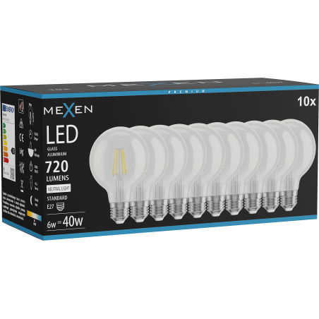 Mexen Vintis 10x LED-Filamentlampe E27, G80, 6W, Neutral - 4000K, 720 lm, klar - L155-E27-0640-00x10