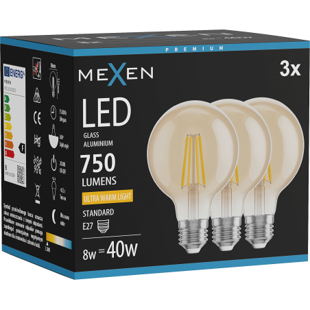 Mexen Vintis 3x LED-Filament-Glühbirne E27, G80, 8W, Warm - 2200K, 750 lm, amber - L155-E27-0822-50x03
