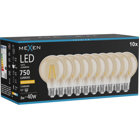 Mexen Vintis 10x LED-Filamentlampe E27, G80, 8W, Warm - 2200K, 750 lm, amber - L155-E27-0822-50x10