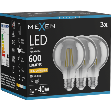 Mexen Vintis 3x LED-Filament-Glühbirne E27, G80, 8W, Warm - 2200K, 600 lm, Rauch - L155-E27-0822-70x03