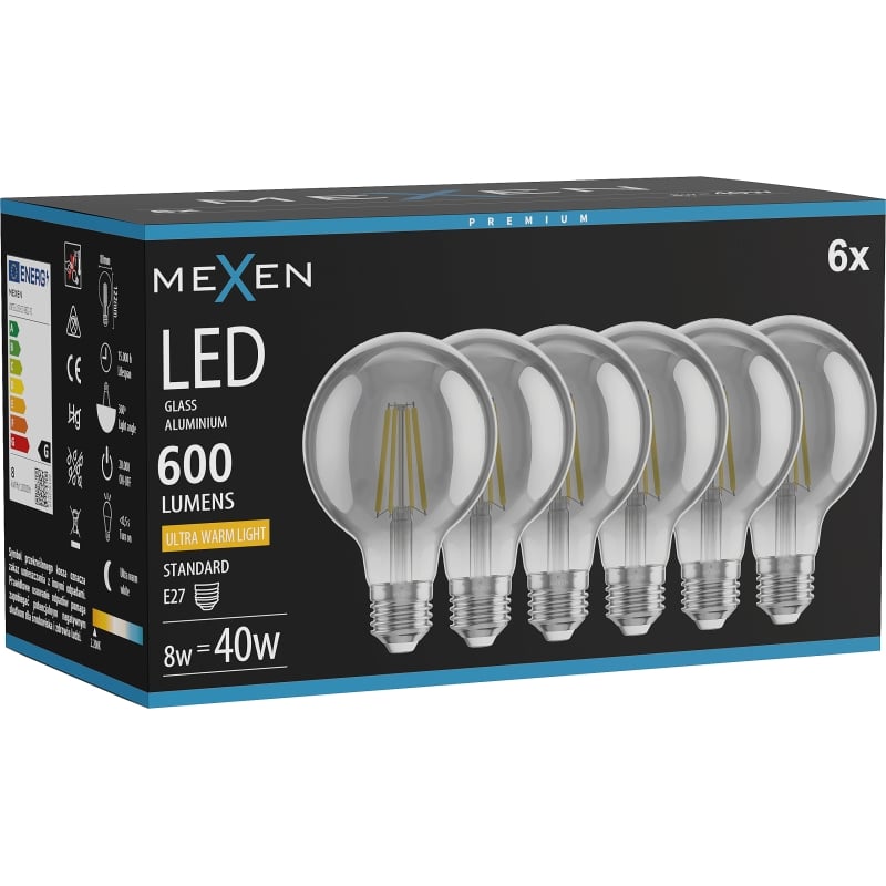 Mexen Vintis 6x LED-Filament-Glühbirne E27, G80, 8W, Warm - 2200K, 600 lm, Rauch - L155-E27-0822-70x06