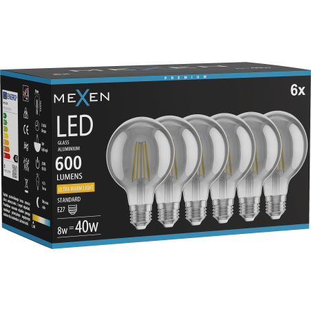Mexen Vintis 6x LED-Filament-Glühbirne E27, G80, 8W, Warm - 2200K, 600 lm, Rauch - L155-E27-0822-70x06