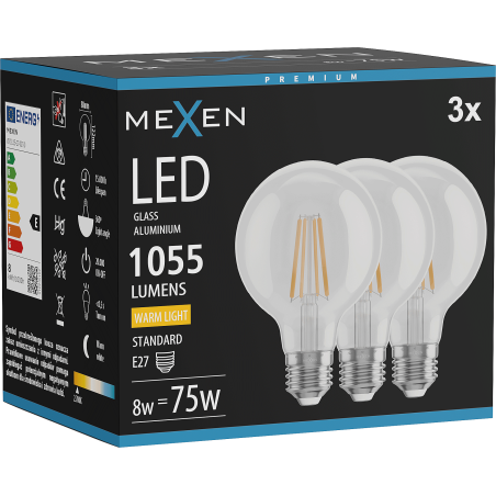 Mexen Vintis 3x LED-Filamentlampe E27, G80, 8W, Warm - 2700K, 1055 lm, klar - L155-E27-0827-00x03