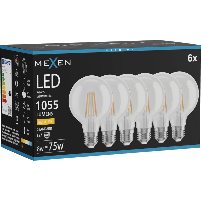 Mexen Vintis 6x Filament-LED-Lampe E27, G80, 8W, Warm - 2700K, 1055 lm, klar - L155-E27-0827-00x06