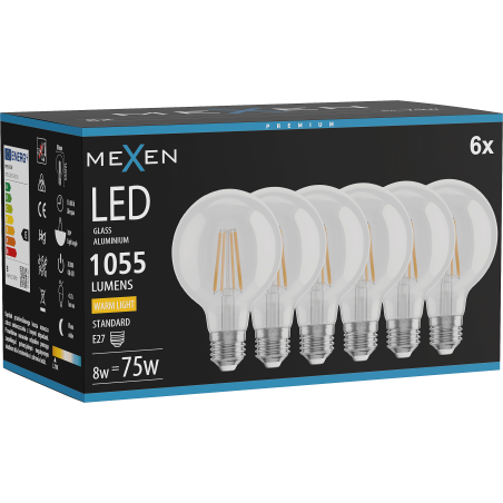Mexen Vintis 6x Filament-LED-Lampe E27, G80, 8W, Warm - 2700K, 1055 lm, klar - L155-E27-0827-00x06