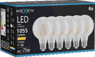 Mexen Vintis 6x Filament-LED-Lampe E27, G80, 8W, Warm - 2700K, 1055 lm, klar - L155-E27-0827-00x06