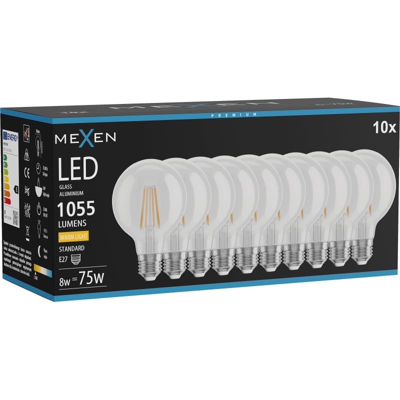 Mexen Vintis 10x LED-Filament-Glühbirne E27, G80, 8W, Warm - 2700K, 1055 lm, klar - L155-E27-0827-00x10