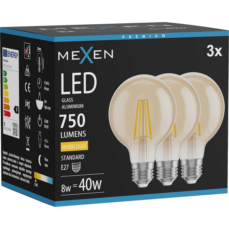 Mexen Vintis 3x LED-Filamentlampe E27, G80, 8W, Warm - 2700K, 750 lm, amber - L155-E27-0827-50x03