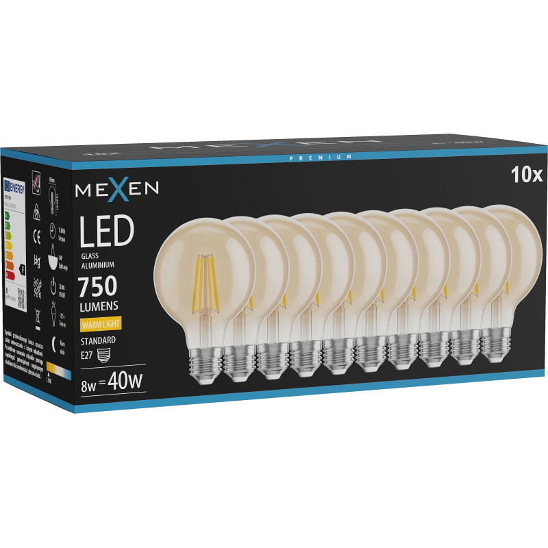 Mexen Vintis 10x LED-Filament-Glühbirne E27, G80, 8W, Warm - 2700K, 750 lm, Bernstein - L155-E27-0827-50x10