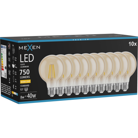 Mexen Vintis 10x LED-Filament-Glühbirne E27, G80, 8W, Warm - 2700K, 750 lm, Bernstein - L155-E27-0827-50x10