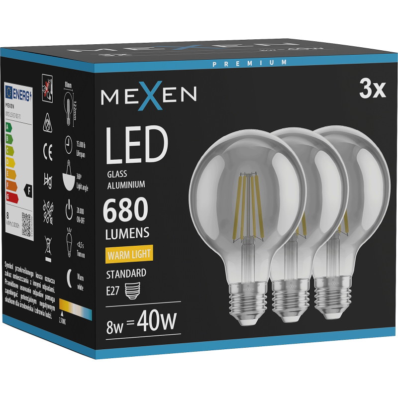 Mexen Vintis 3x LED-Filament-Glühbirne E27, G80, 8W, Warm - 2700K, 680 lm, Rauch - L155-E27-0827-70x03