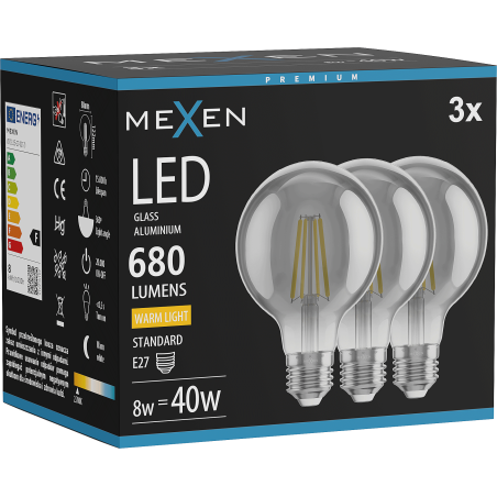 Mexen Vintis 3x LED-Filament-Glühbirne E27, G80, 8W, Warm - 2700K, 680 lm, Rauch - L155-E27-0827-70x03