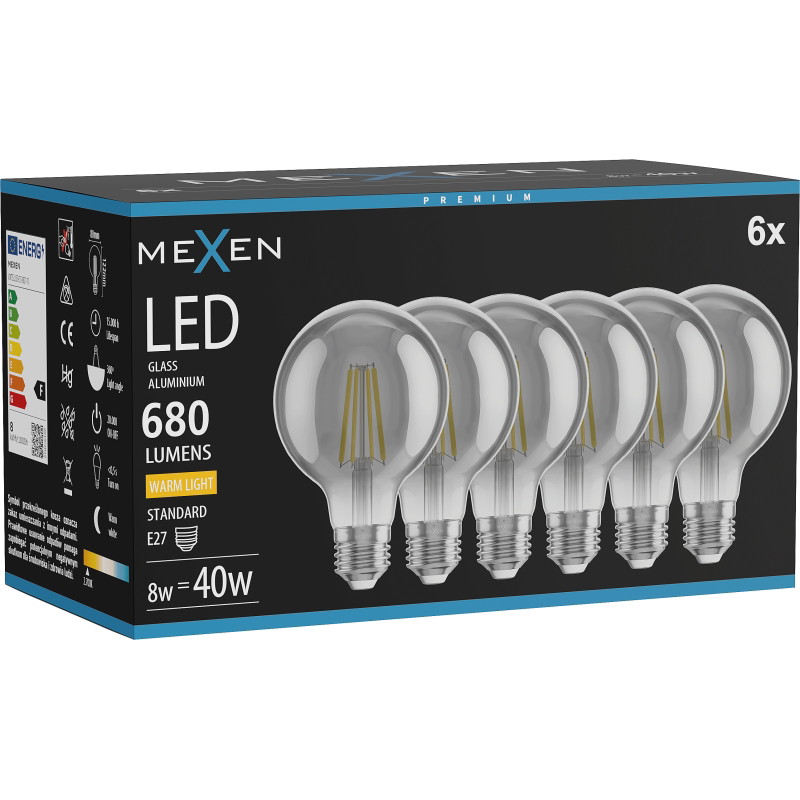 Mexen Vintis 6x LED-Filament-Glühbirne E27, G80, 8W, Warm - 2700K, 680 lm, Rauch - L155-E27-0827-70x06