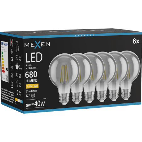 Mexen Vintis 6x LED-Filament-Glühbirne E27, G80, 8W, Warm - 2700K, 680 lm, Rauch - L155-E27-0827-70x06