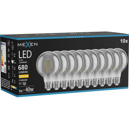 Mexen Vintis 10x LED-Filamentlampe E27, G80, 8W, Warm - 2700K, 680 lm, Rauch - L155-E27-0827-70x10