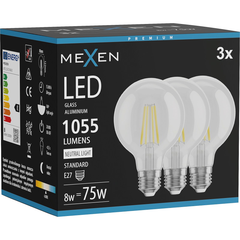 Mexen Vintis 3x LED-Filamentlampe E27, G80, 8W, Neutral - 4000K, 1055 lm, klar - L155-E27-0840-00x03