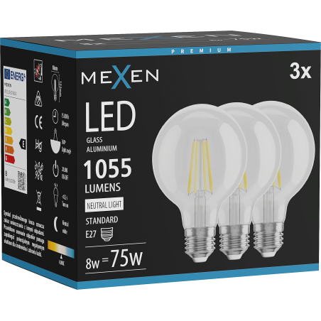 Mexen Vintis 3x LED-Filamentlampe E27, G80, 8W, Neutral - 4000K, 1055 lm, klar - L155-E27-0840-00x03