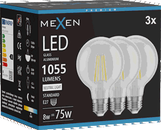 Mexen Vintis 3x LED-Filamentlampe E27, G80, 8W, Neutral - 4000K, 1055 lm, klar - L155-E27-0840-00x03