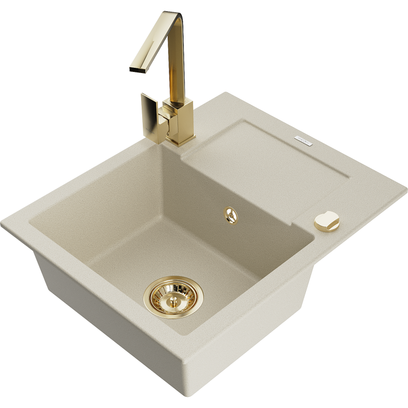 Mexen Enzo Granitspüle 1-Schüssel mit Abtropffläche und Küchenarmatur Rita, Beige - 6506-69-670300-50